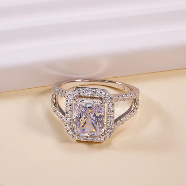 Modern Elegance Split Shank Radiant Cut Halo Ring in Sterling Silver