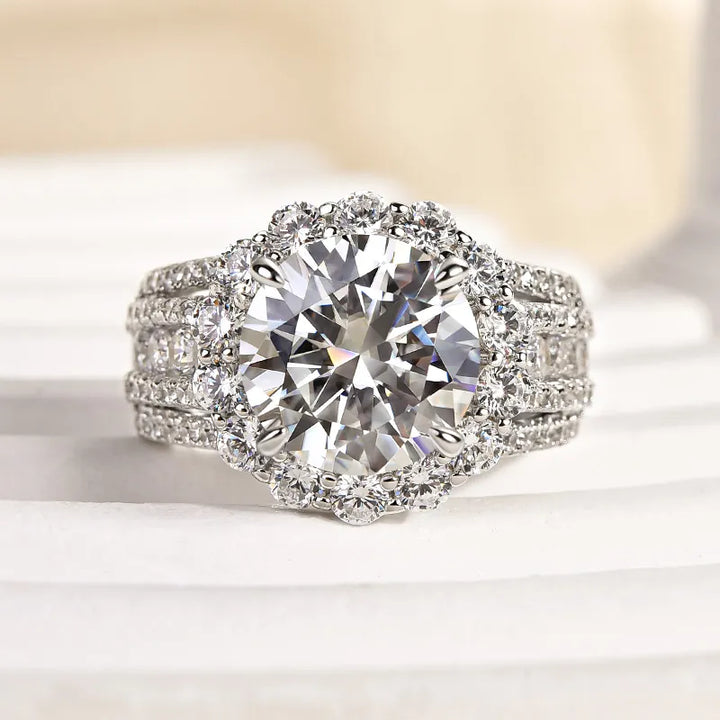 Unique Halo Design Round Cut Engagement Ring In Sterling Silver