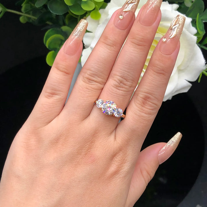 Three-Stone Double claws Moissanite Engagement Ring