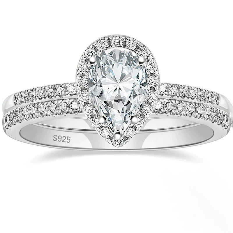 S925 Sterling Silver Teardrop Bridal Moissanite Wedding Band Set