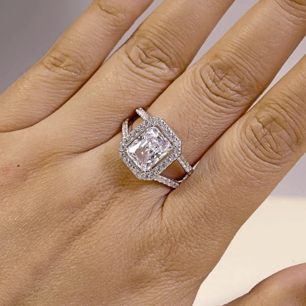 Modern Elegance Split Shank Radiant Cut Halo Ring in Sterling Silver