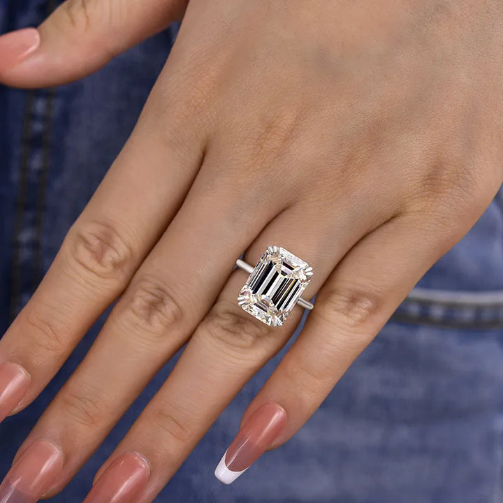 Luxurious 11.5 Carat Big Emerald Cut Engagement Ring In Sterling Silver