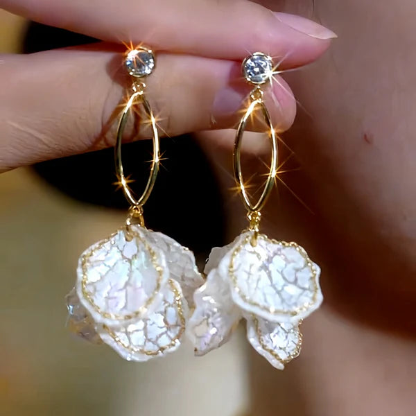 14K Gold-Plated Elegant Ice Cracked Petal & Tassel Earrings