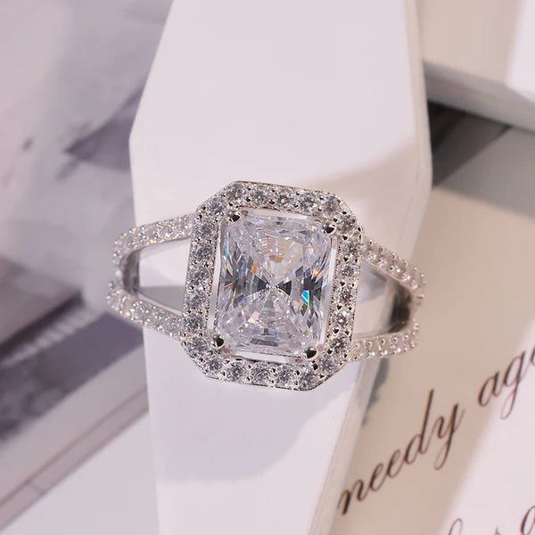 Modern Elegance Split Shank Radiant Cut Halo Ring in Sterling Silver