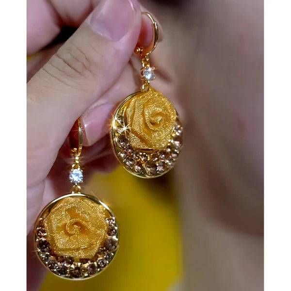 14K Gold-Plated Elegant Brown Zircon & Diamond Rose Earrings