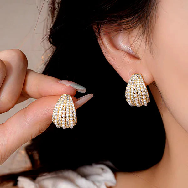 14K Gold-Plated Elegant Zircon & Pearl C-Shaped Earrings