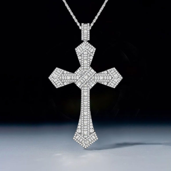 Flawless White Sapphire Baguette Cut Cross Pendant Necklace