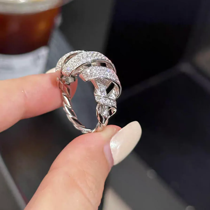 Full Diamond Sterling Silver Ribbon Ring