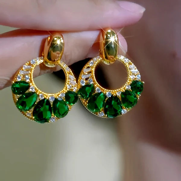 14K Gold-Plated Elegant Zircon & Green Diamond Tassel Earrings