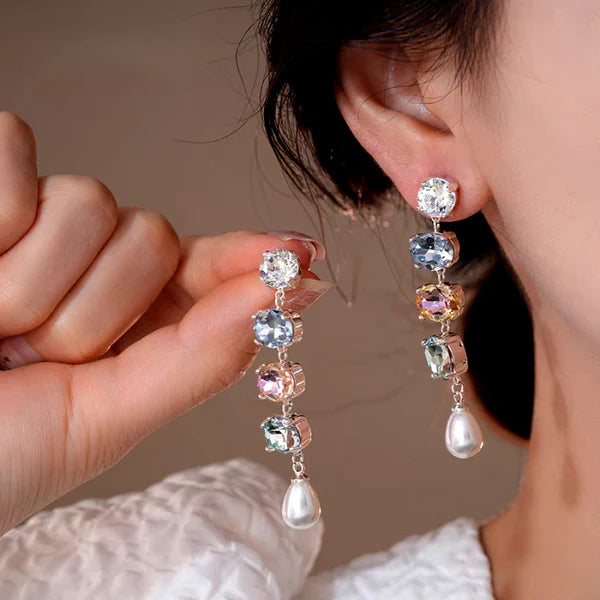 14K Gold-Plated Elegant Colorful Diamond Pearl Tassel Earrings