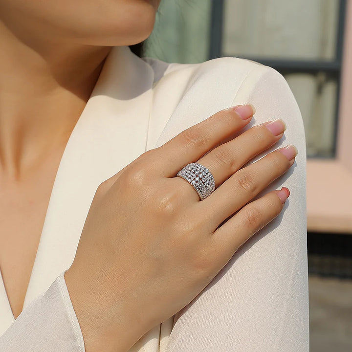 S925 Silver Wide-Face Moissanite Eternity Ring, Platinum-Plated with 133 Sparkling Diamonds, Diamond Test Certificate, Fine Jewelry Wedding Band Gift