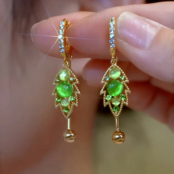 14K Gold-Plated Elegant Zircon & Green Diamond Cat's Eye Stone Leaf Tassel Earrings