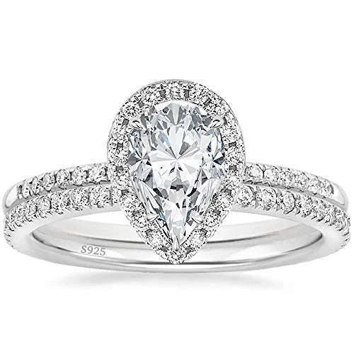 S925 Sterling Silver Teardrop Bridal Moissanite Wedding Band Set