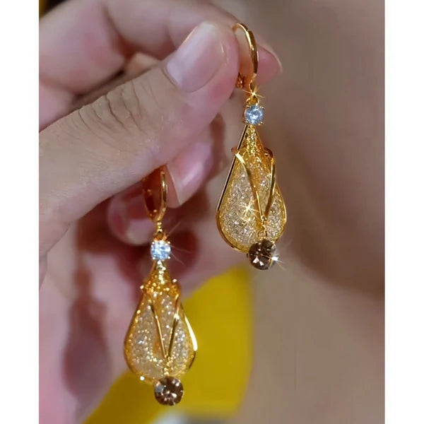 14K Gold-Plated Elegant Brown Diamond Water Drop Earrings