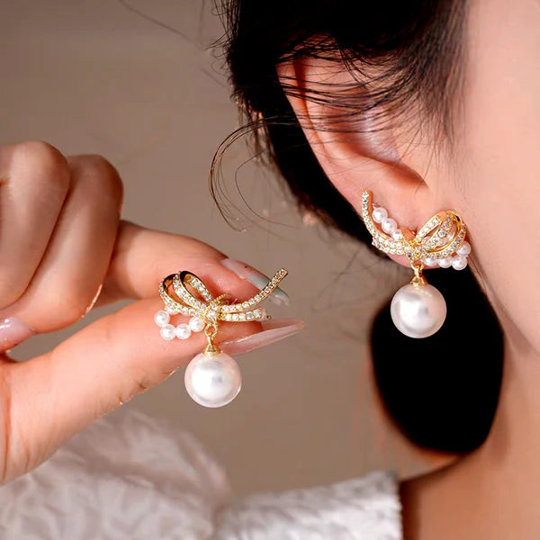 Elegant Zircon Bow Pearl Earrings