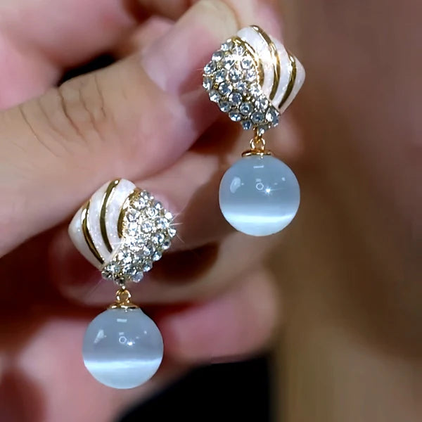 14K Gold-Plated Elegant Zircon & Diamond Cat's Eye Bead Tassel Earrings