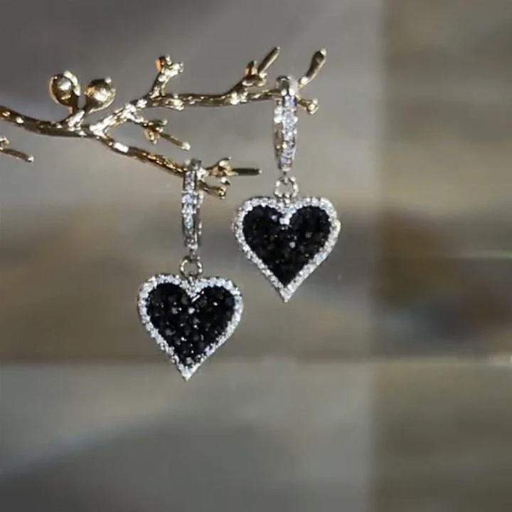 Sparkling Black Heart Earrings with Diamond Accents