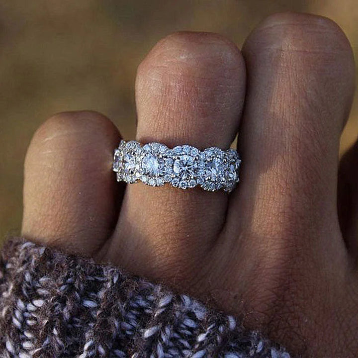 Dainty Five-Stone Halo Round Cut Wedding Band in Sterling Silve