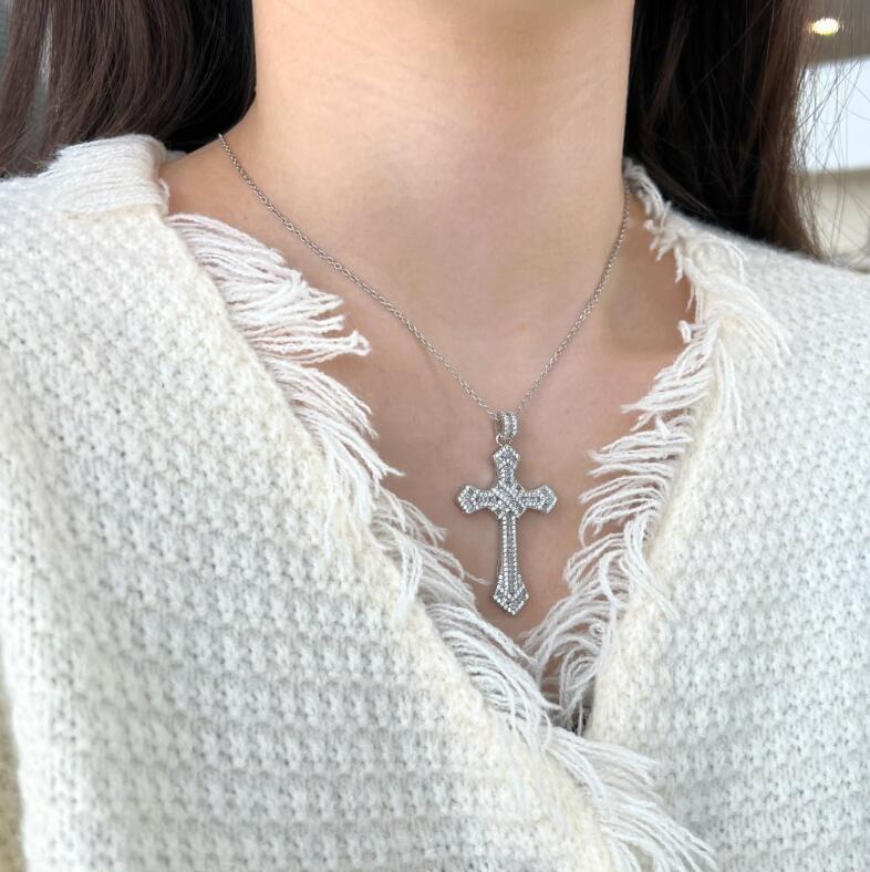 Flawless White Sapphire Baguette Cut Cross Pendant Necklace