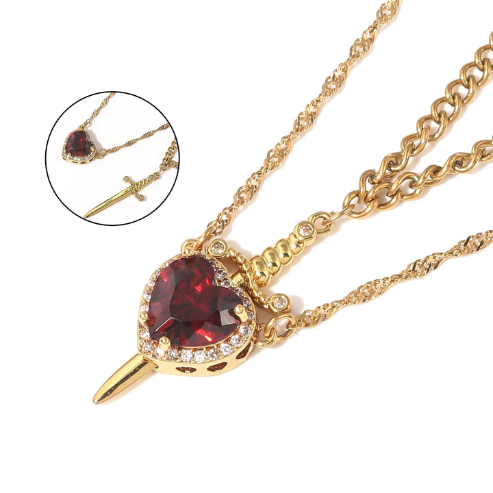 Couple's Red Crystal Heart Arrow Necklace