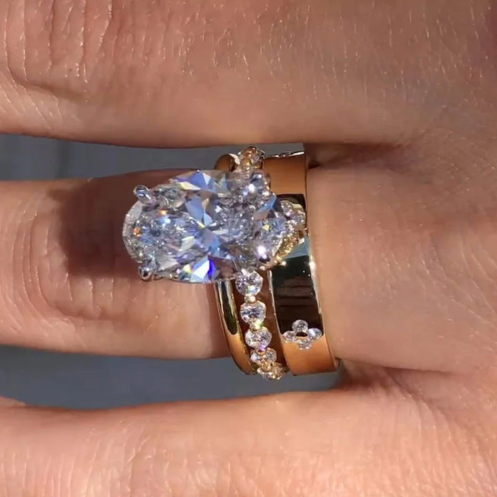 Stunning Oval Cut Sterling Silver Bridal Set in Golden Tone, Receive 2 Free Additional Rings