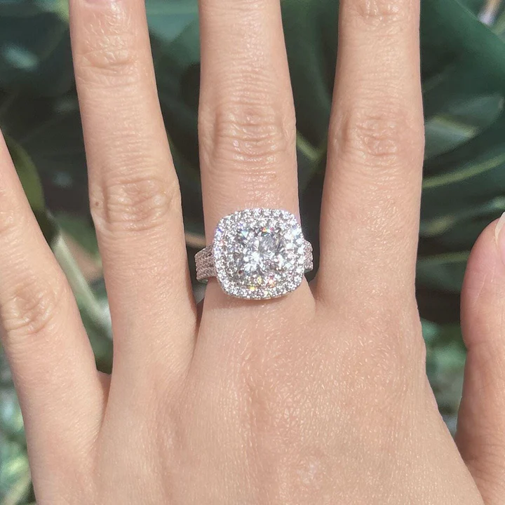 Stunning Double Halo Three Shank Cushion Cut Sterling Silver Engagement Ring