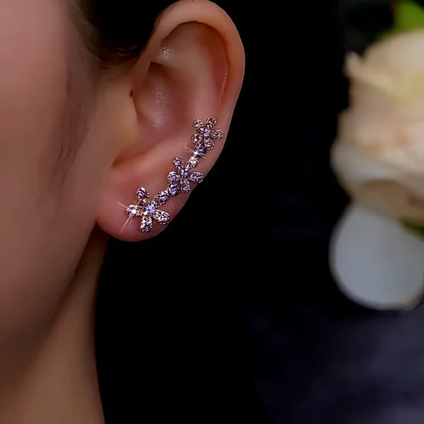 14K Gold-Plated Zircon Purple Flower Crawler Earrings