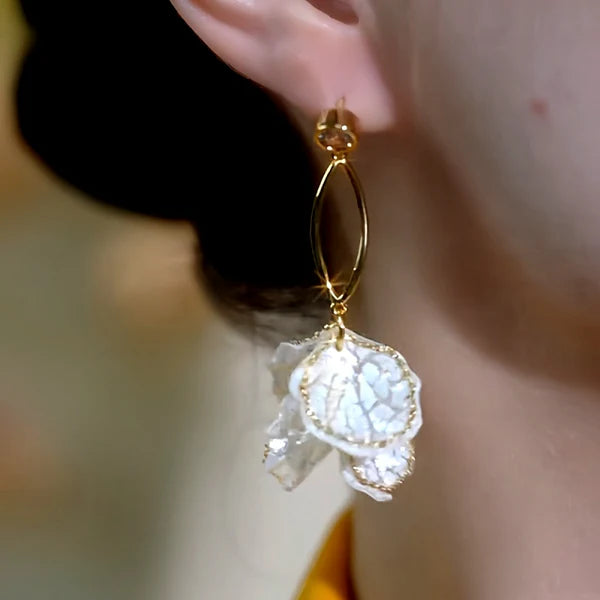 14K Gold-Plated Elegant Ice Cracked Petal & Tassel Earrings