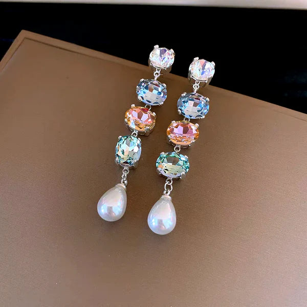 14K Gold-Plated Elegant Colorful Diamond Pearl Tassel Earrings