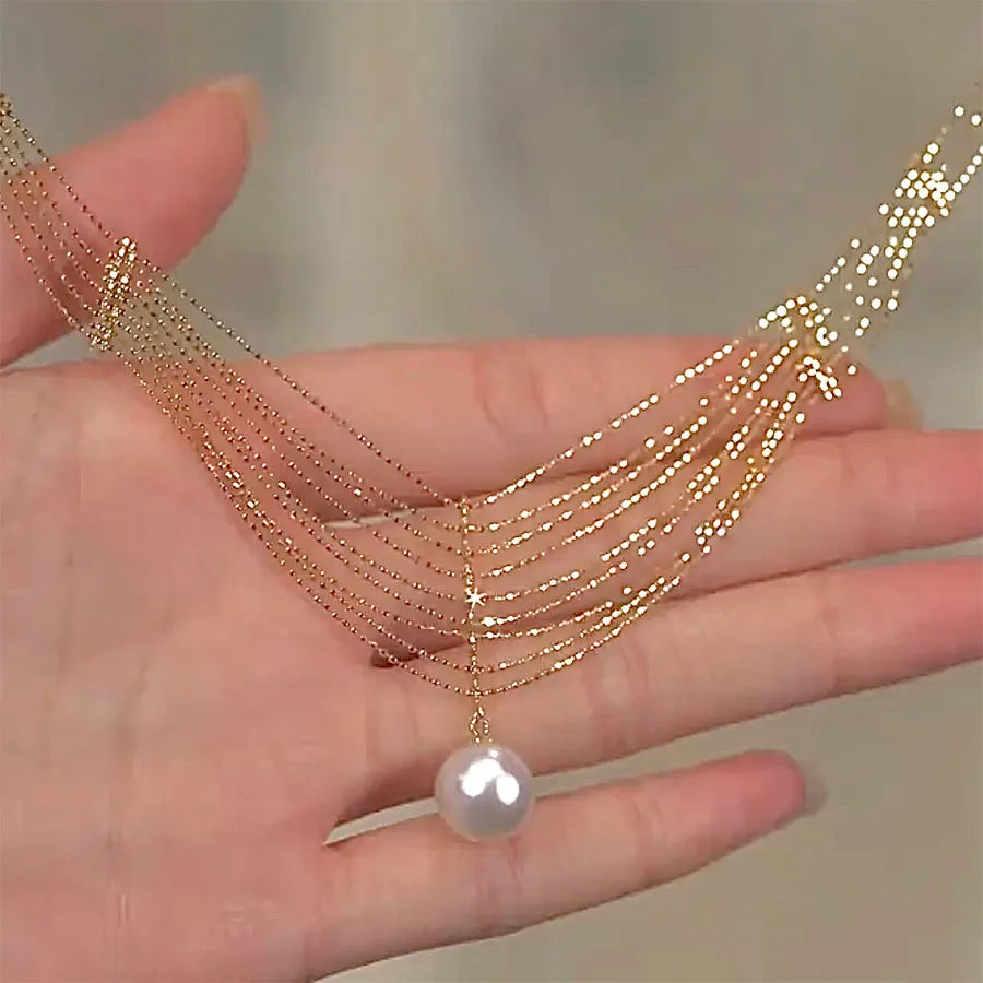 Romantic Pearl Drop Necklace – Adjustable Layered Gold Chain