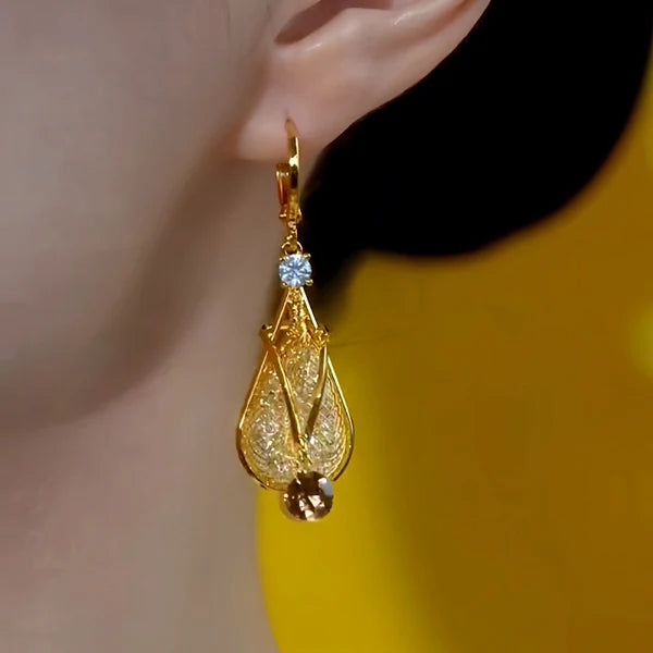 14K Gold-Plated Elegant Brown Diamond Water Drop Earrings