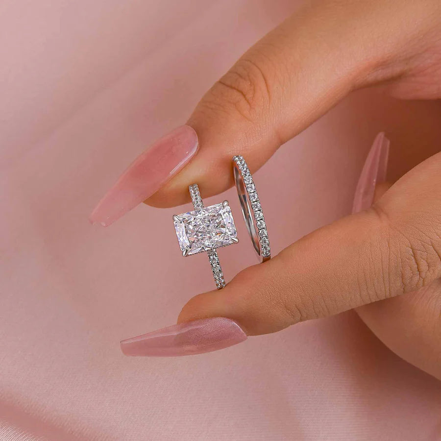 Luxe 3.5 Carat Radiant Cut Diamond Engagement Ring Set in Sterling Silver A Set（Get a Free Stacking Ring）