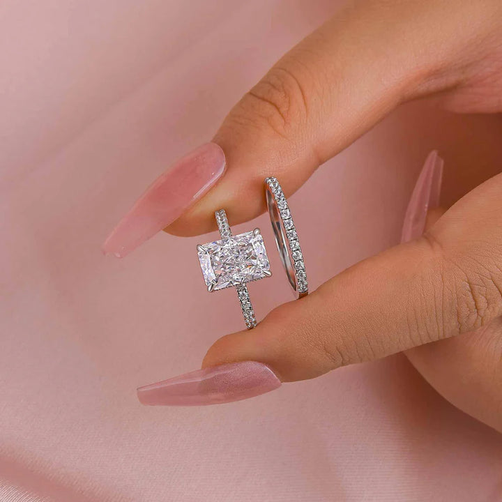 Luxe 3.5 Carat Radiant Cut Diamond Engagement Ring Set in Sterling Silver A Set（Get a Free Stacking Ring）