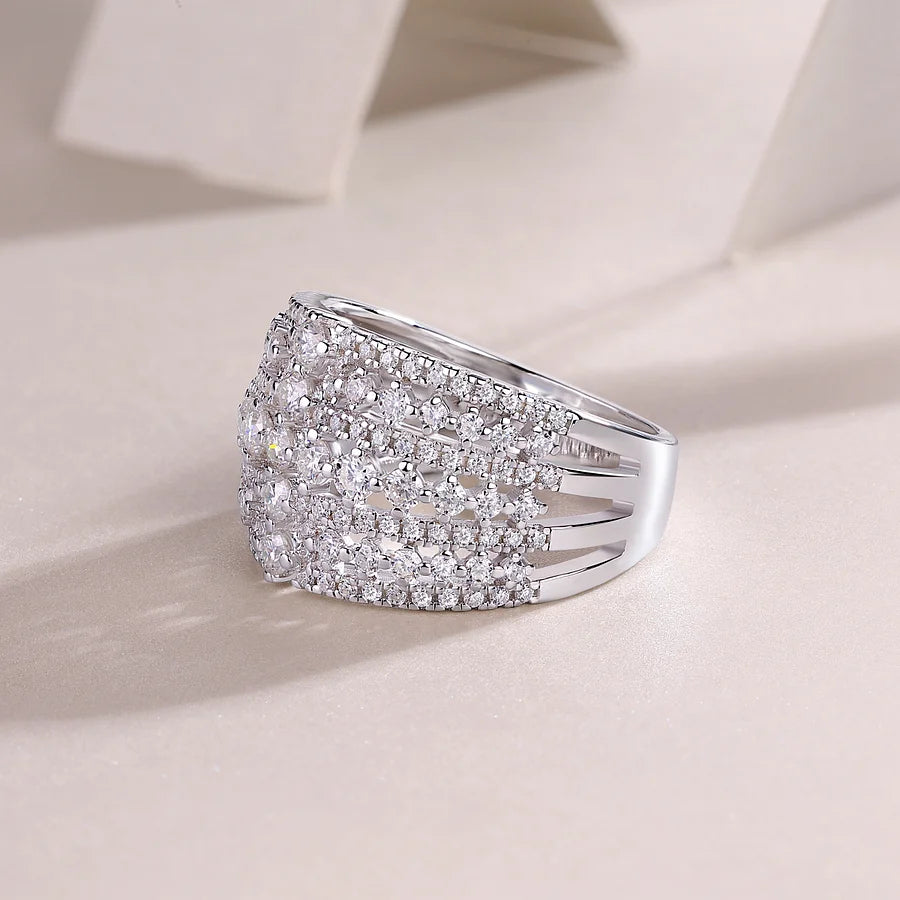 S925 Silver Wide-Face Moissanite Eternity Ring, Platinum-Plated with 133 Sparkling Diamonds, Diamond Test Certificate, Fine Jewelry Wedding Band Gift