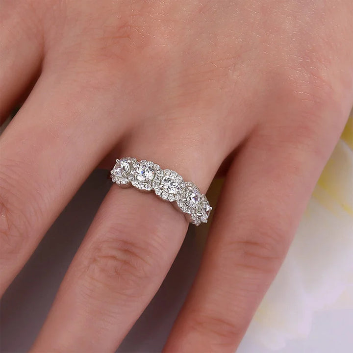 Dainty Five-Stone Halo Round Cut Wedding Band in Sterling Silve