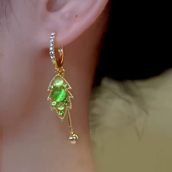 14K Gold-Plated Elegant Zircon & Green Diamond Cat's Eye Stone Leaf Tassel Earrings