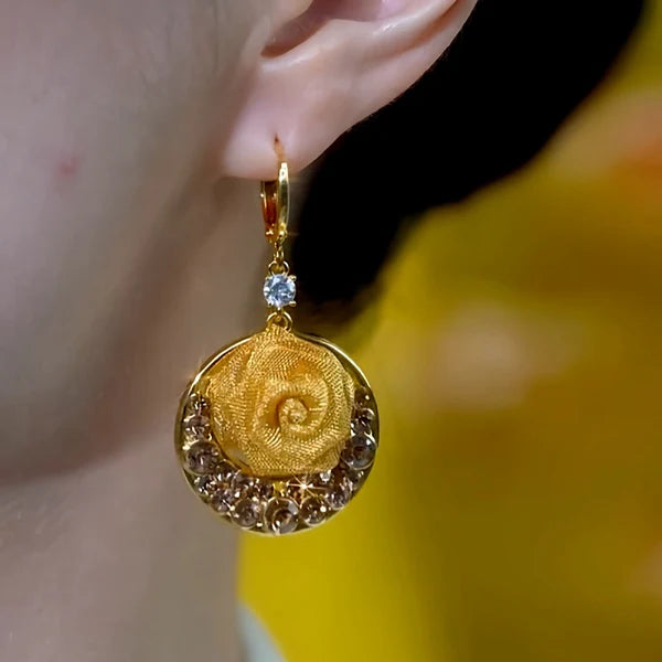 14K Gold-Plated Elegant Brown Zircon & Diamond Rose Earrings