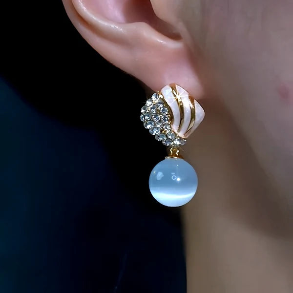 14K Gold-Plated Elegant Zircon & Diamond Cat's Eye Bead Tassel Earrings