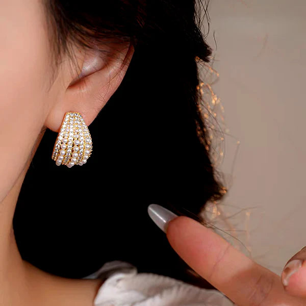 14K Gold-Plated Elegant Zircon & Pearl C-Shaped Earrings