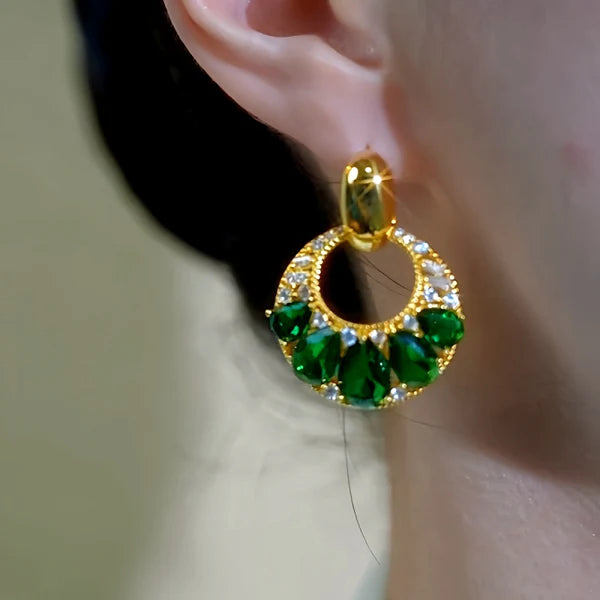 14K Gold-Plated Elegant Zircon & Green Diamond Tassel Earrings