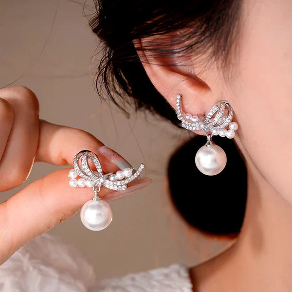 Elegant Zircon Bow Pearl Earrings