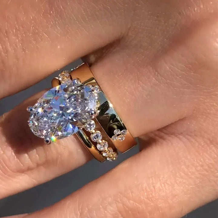Stunning Oval Cut Sterling Silver Bridal Set in Golden Tone, Receive 2 Free Additional Rings