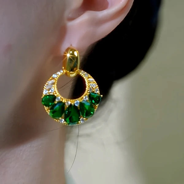 14K Gold-Plated Elegant Zircon & Green Diamond Tassel Earrings