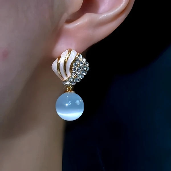 14K Gold-Plated Elegant Zircon & Diamond Cat's Eye Bead Tassel Earrings
