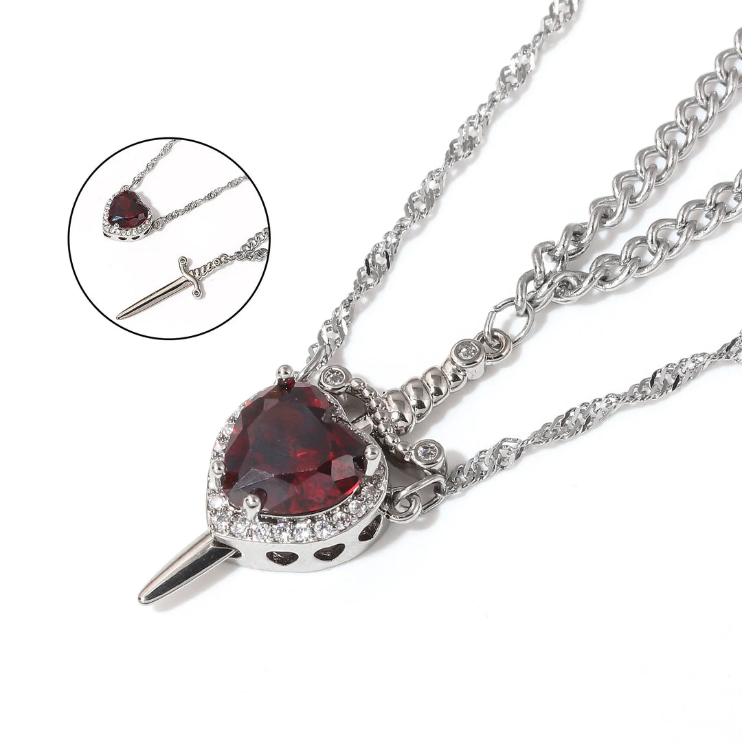 Couple's Red Crystal Heart Arrow Necklace