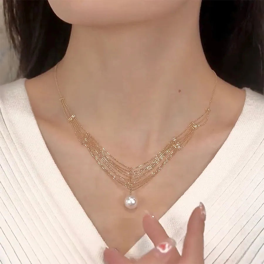 Romantic Pearl Drop Necklace – Adjustable Layered Gold Chain