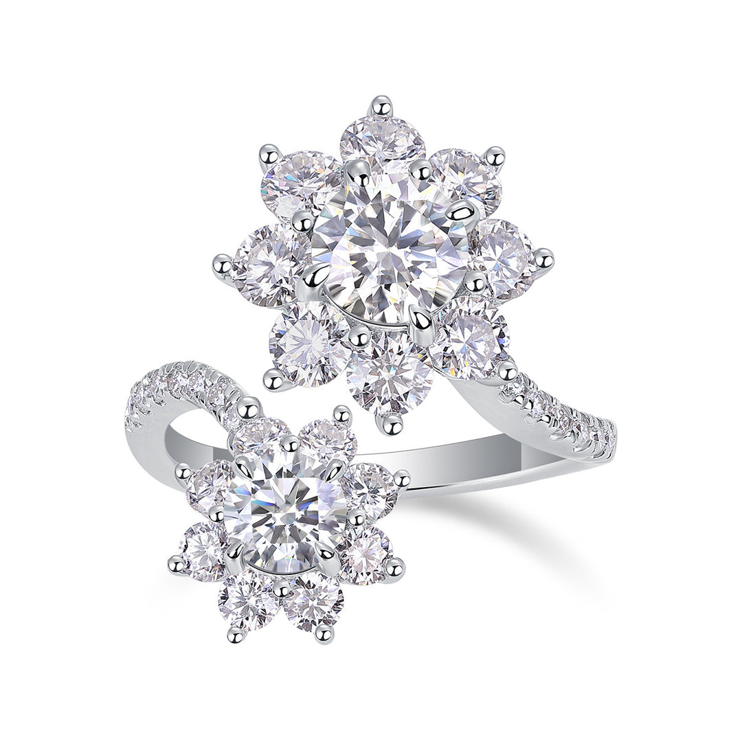 Hot-selling light luxury sunflower S925 silver ring with white gold-plated moissanite ring