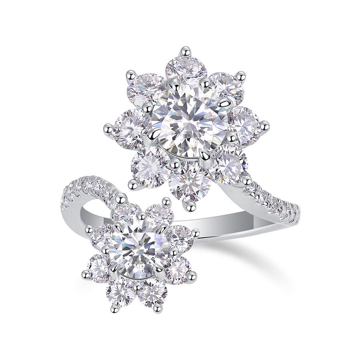 Hot-selling light luxury sunflower S925 silver ring with white gold-plated moissanite ring