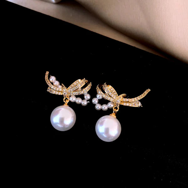 Elegant Zircon Bow Pearl Earrings
