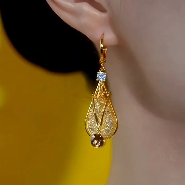 14K Gold-Plated Elegant Brown Diamond Water Drop Earrings